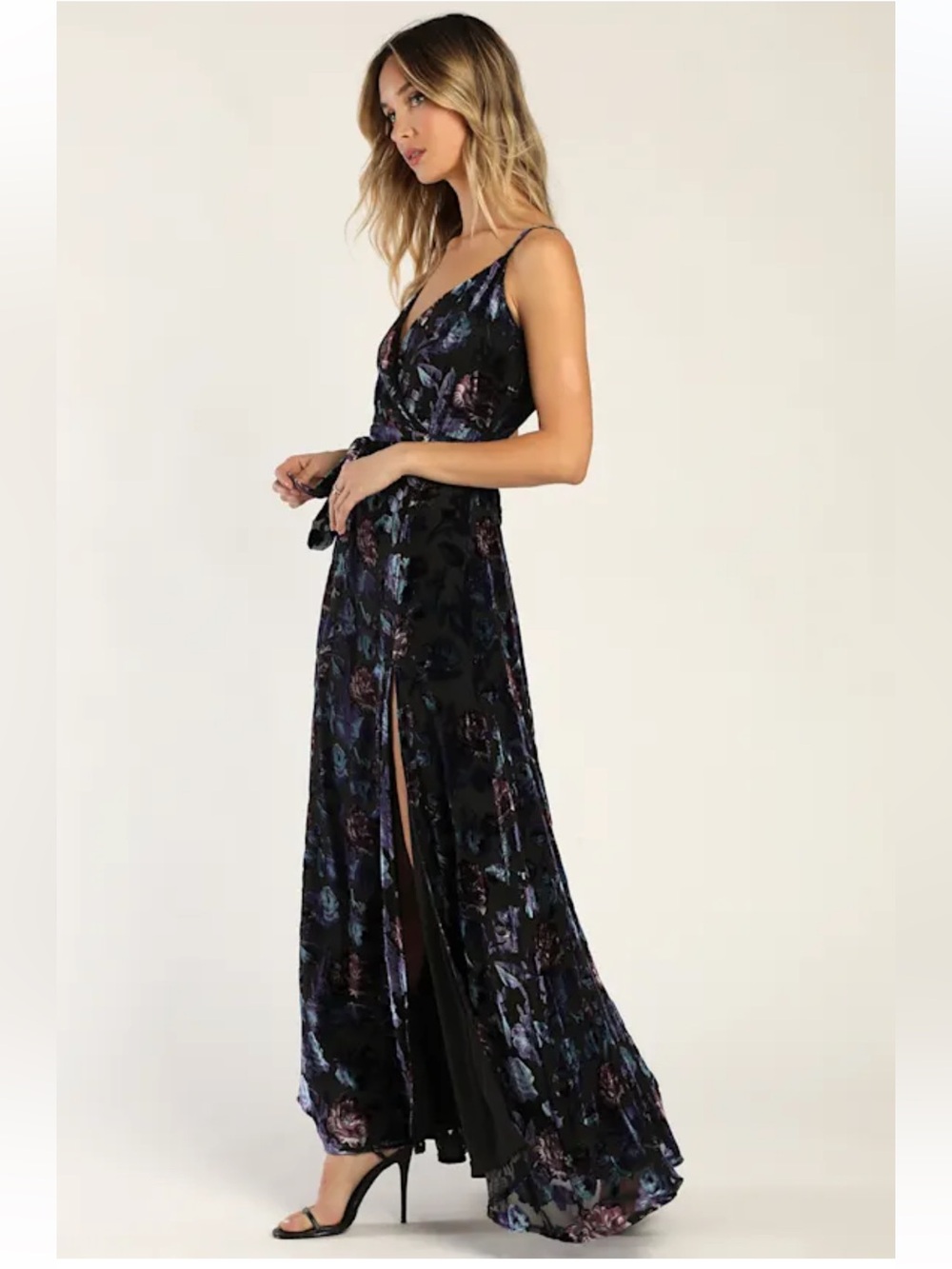 NWT Lulus Pretty Companion Black Floral Velvet Burnout Maxi Dress with Side Slit - Picture 2 of 9